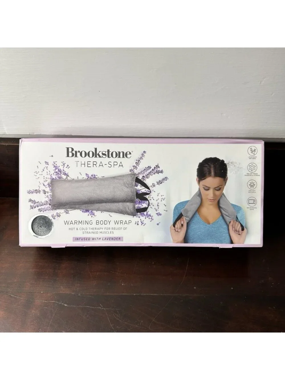 NIB Brookstone Thera-Spa Warming Body Neck Wrap Lavender Infused Soft Gray